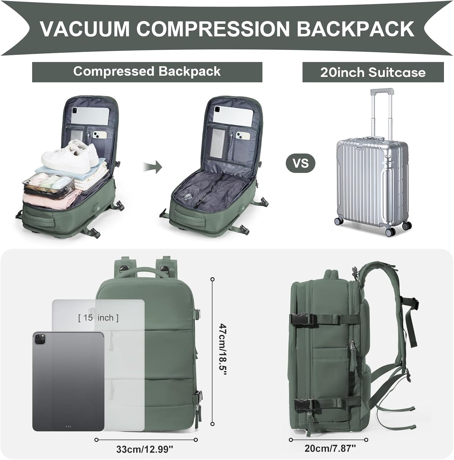 coowoz Vacuum Backpack Travel with Pump,Travel Backpack with Vacuum System Women Men,Carry On Backpack,Hiking Backpack Waterproof Outdoor Sports Rucksack Casual Daypack,30L(Vacuum pump),Olive Green