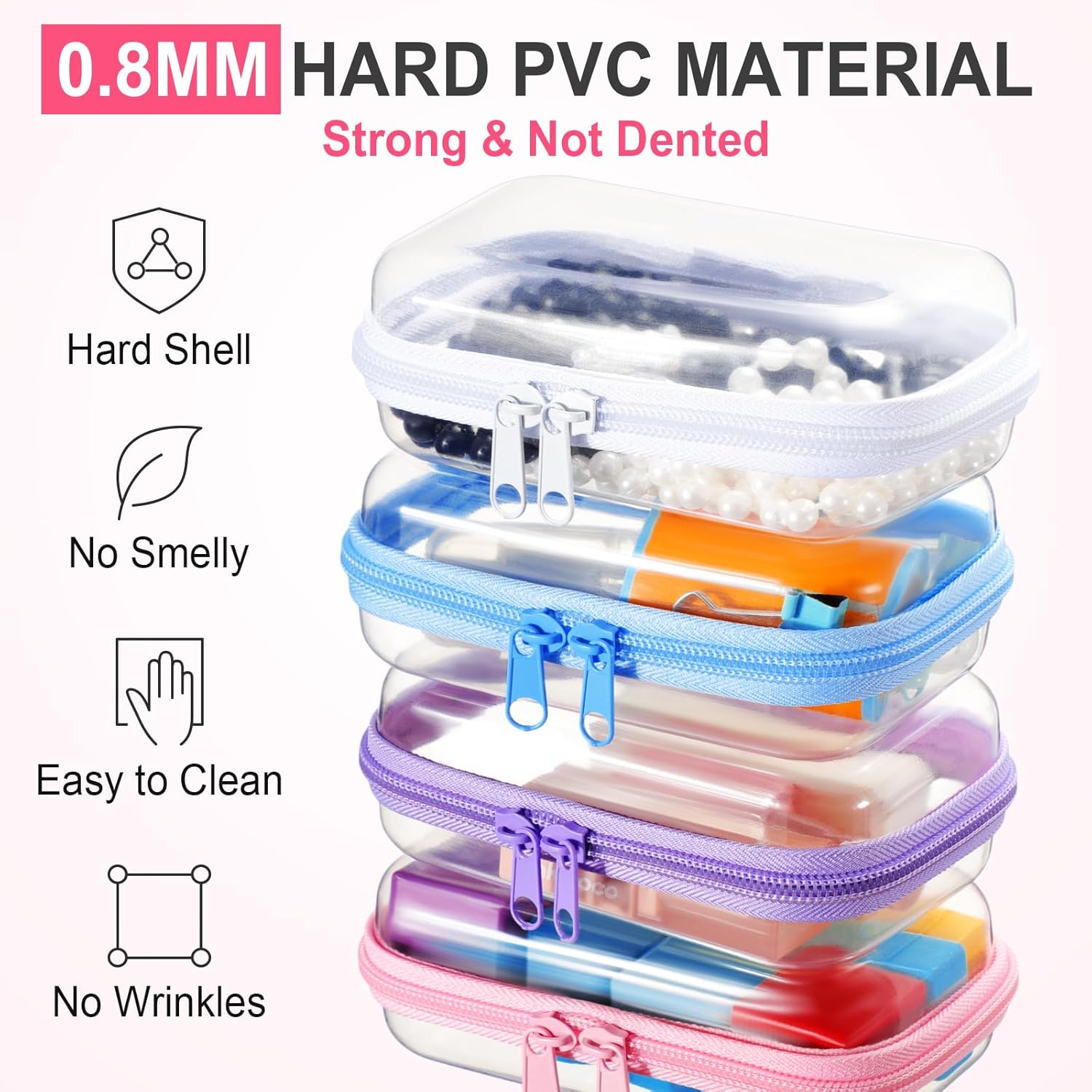 Hoolerry 4 Pcs Hard Clear Zipper Case Makeup Bags Plastic Pencil Pouch Transparent Storage Box