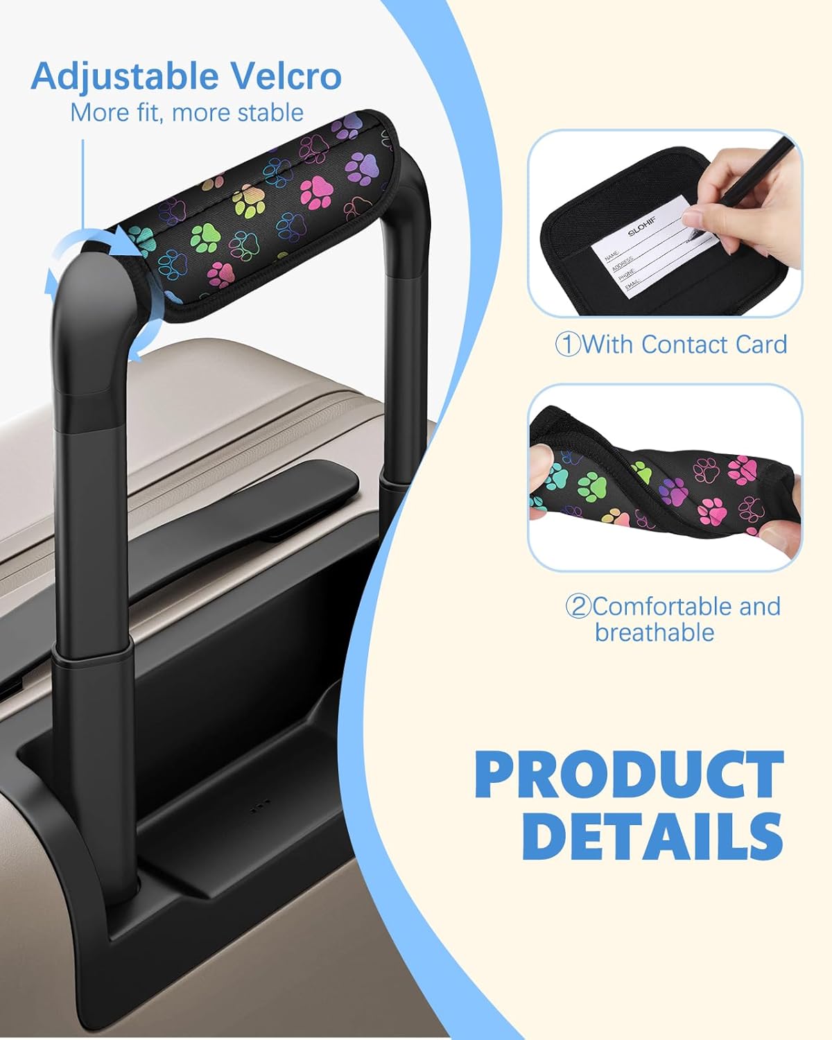 Slohif Luggage Handle Wrap 3Pcs Suitcase Identifier - Bag Strap Cover For Bogg Travel Accessories Easy Identification Bright Marker Sleeve Grips Comfort Neoprene Concealed Tag For Airport, Paw