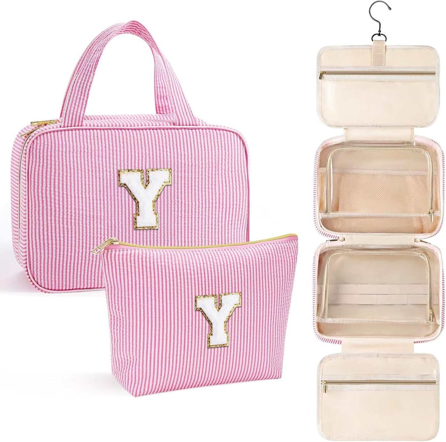 YOOLIFE Travel Toiletry Bag for Women - Hanging Toiletry Bag Makeup Bag, Portable Toiletries Travel Bag and Cosmetic Bag Essentials - Letter Y, Pink
