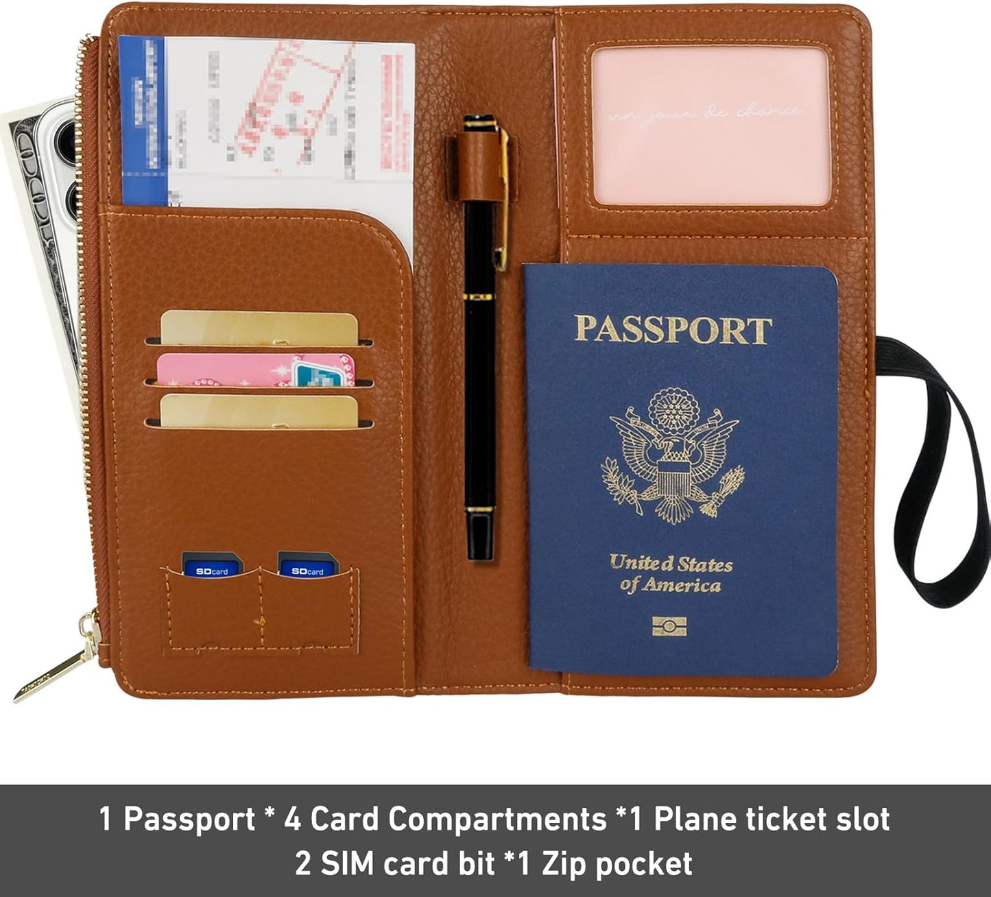 Real Leather Wallet RFID Blocking Passport Holder with Zipper Pocket Travel Organizer Pink (Brown)