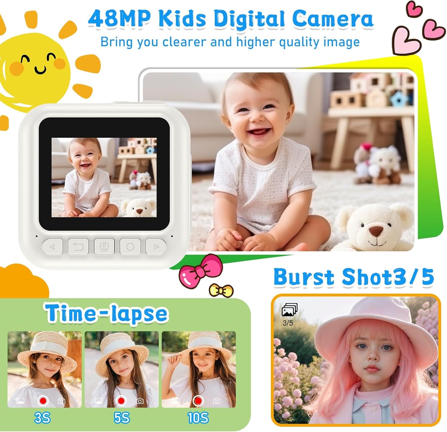 Instant Print Camera for Kids, 3-12 Year Old Girls Boys Gifts, 1080P Video Children Digital Camera with 32GB Card, Kids Christmas Birthday Gifts Toddler Photo Camera Toys for Age 3 4 5 6 7 8 9 White