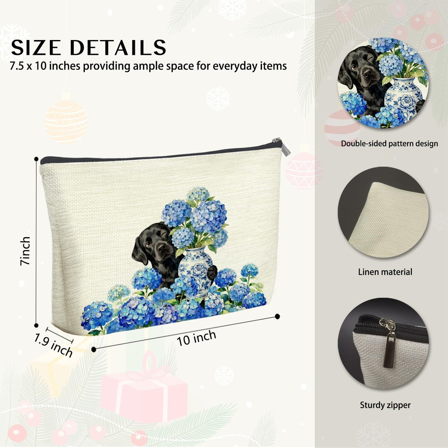 Blue Chinoiserie Hydrangea Labrador Retriever Makeup Bag Gifts for Women, Black Lab Gifts Cosmetic Bag, Grandmillennial Floral Black Labrador Dog Zipper Makeup Pouch Travel Toiletry Bag