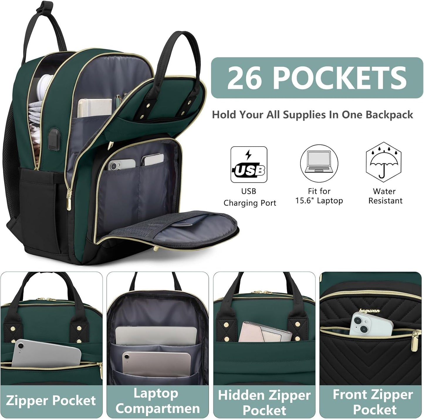 Laptop Backpack for Women Work Bag - 15.6 inch Travel Backpack with USB Charger College Bookbag