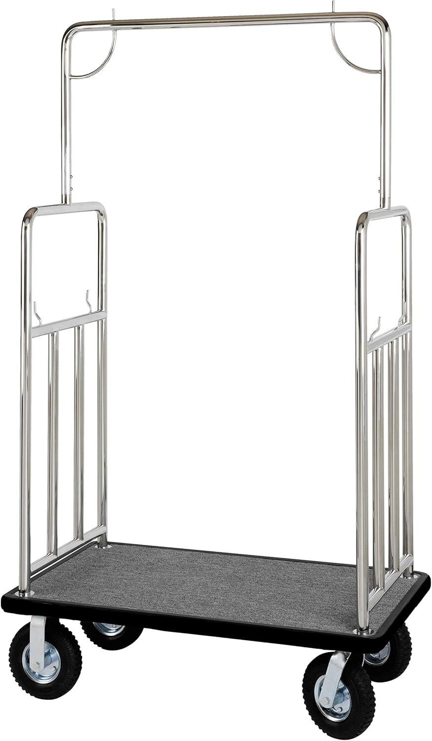 Stainless Steel Luggage Cart w/Rubber Wheels – Hotel Cart Carrier for Travel, Airport, Resorts, Events – Valet Bellman Cart w/Carpeted Deck, Welded Steel Frame - 1000 LB
