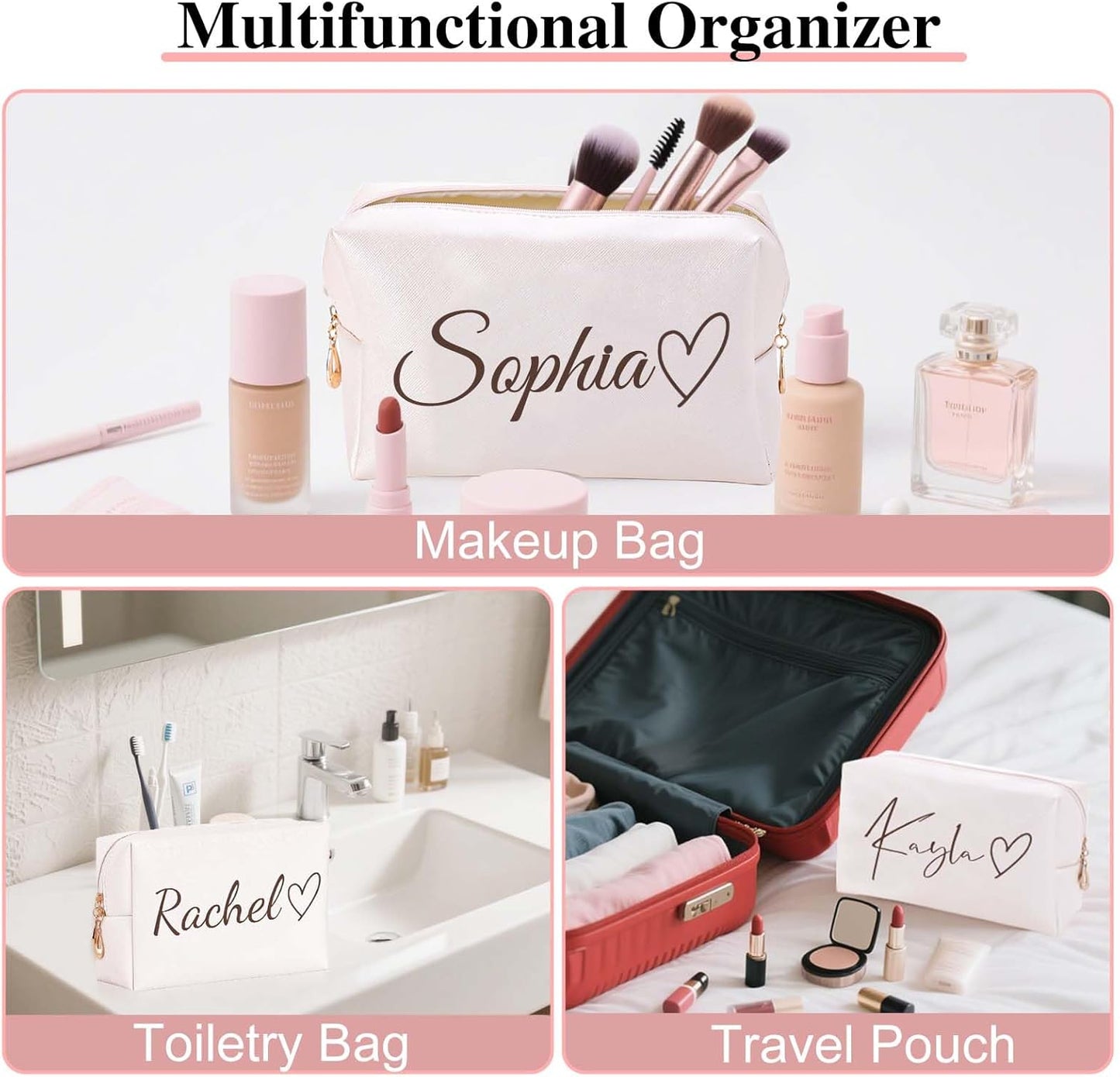Personalized Makeup Bag with Name & Birth Flower, Custom Leather Cosmetic Bags for Women