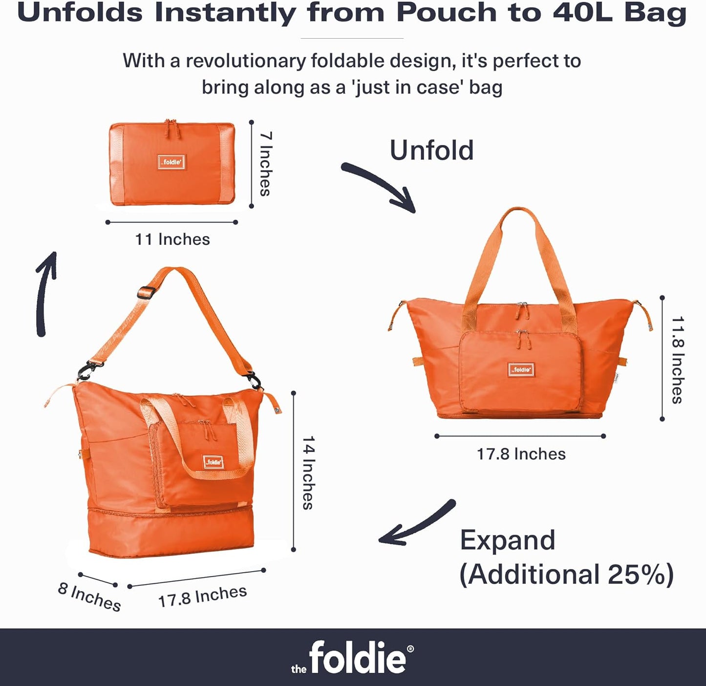 The Foldie Foldable Travel Bag for Women - 40L Weekender Bag with Multiple Pockets - Carry On Expendable Travel Bag