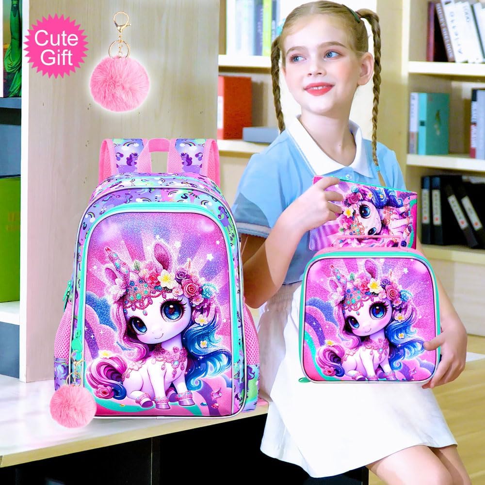 Unicorn Backpack for Girls, 16" Kids Bookbag with Lunch Box，3Pcs School Backpacks for Elementary Preschool Kindergarten (Pink)