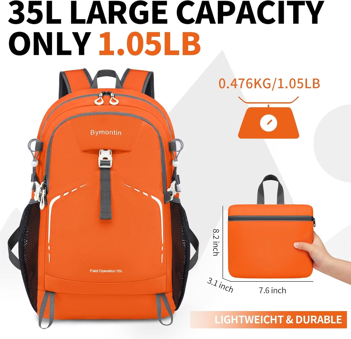 35L Lightweight Packable Backpack – Durable Foldable Daypack for Travel, Hiking, and Gym (Orange)