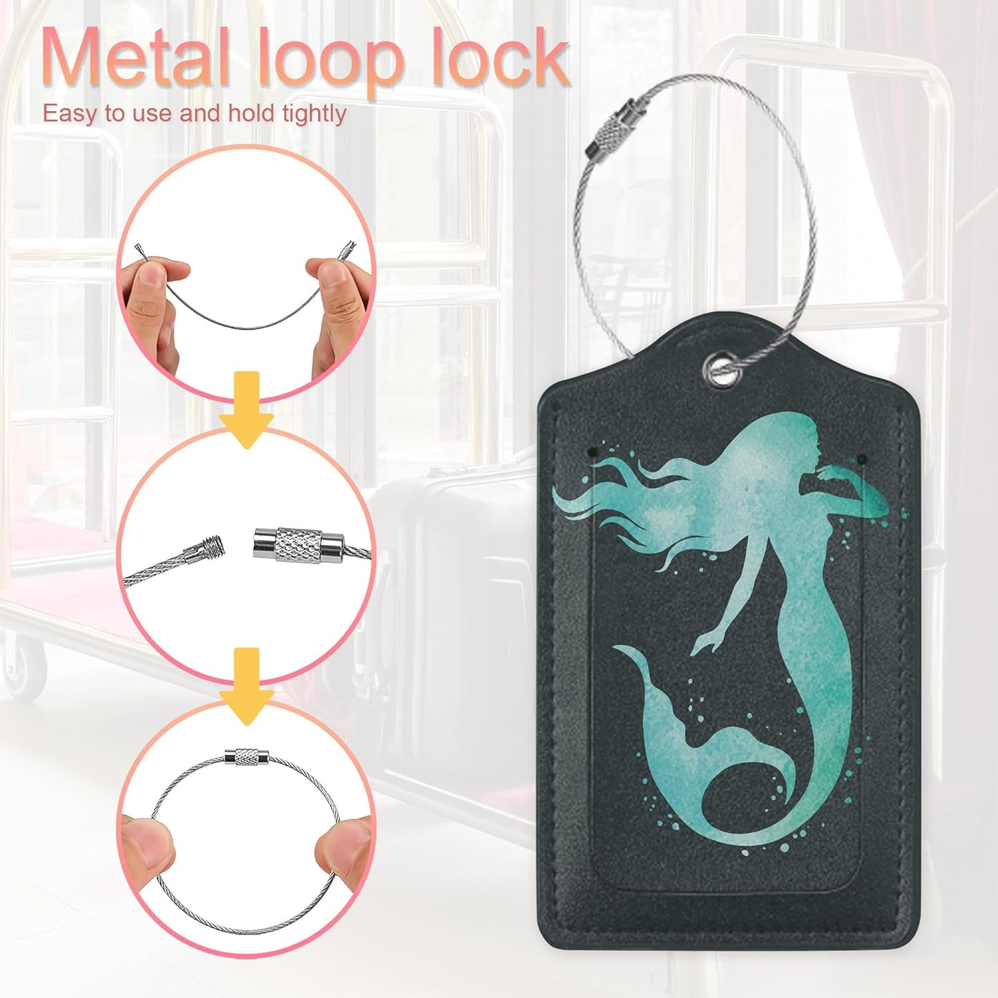 2 Pack PU Leahter Luggage Tag with Stainless Steel Loop,Green Mermaid Luggage Tag Travel Suitcase Labels with Privacy Cover ID Label Quickly Spot for Bags & Baggage