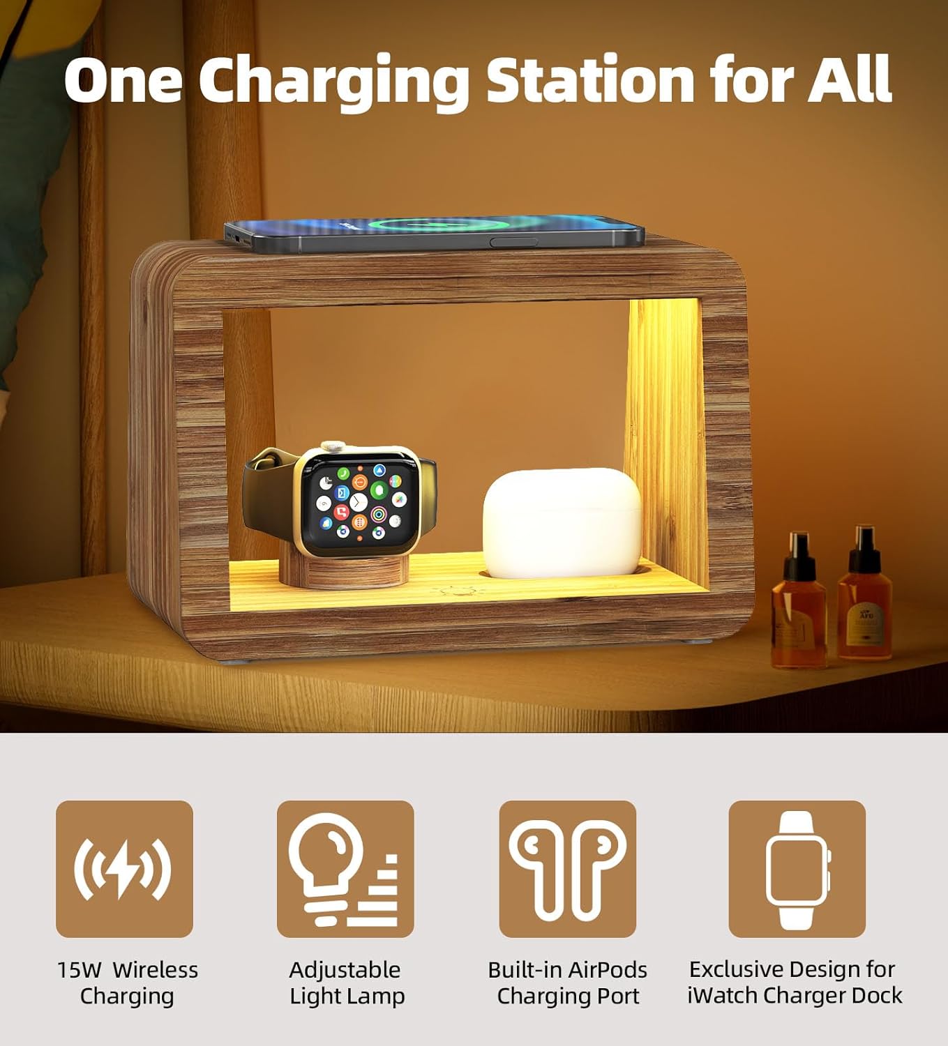 Bamboo Charging Station for Multiple Devices, 15W Fast Wireless Charger Night Light with 3 Color & 4 Adjustable Brightness, Night Stand Charger Station for iPhone/iWatch/AirPods/Samsung with Adapter