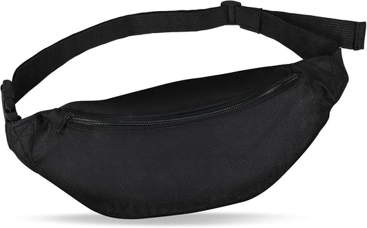 INNOLIFE Unisex Fanny Pack for Women Men, Fashion Sporty Multi-purpose 2-Zipper Waist Belt Bag Fanny Pack Adjustable Strap for Sport Hiking Traveling Passport Wallet (1, Black (Extended Strap))