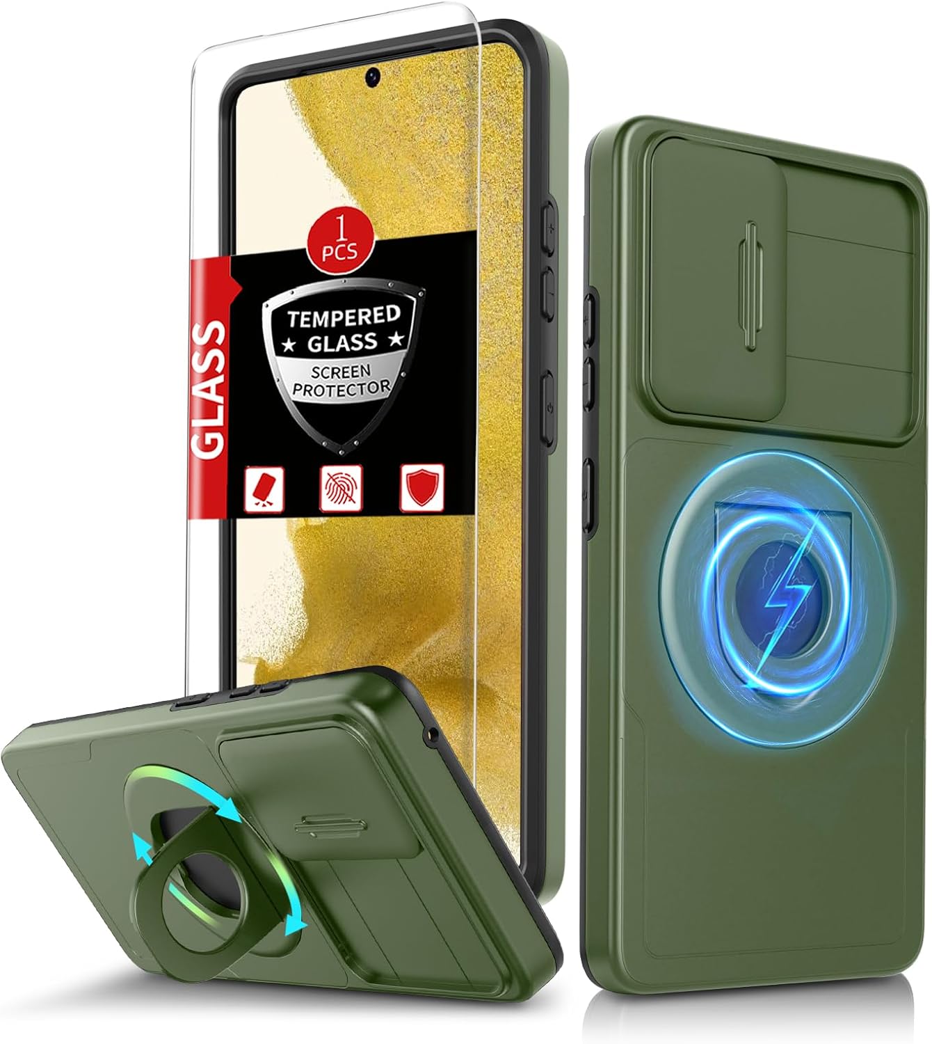 for Samsung Galaxy S22 Case Magnetic Compatible with MagSafe Wireless Charging,with Screen Protector,Built-in Kickstand Ring+Camera Cover Anti-Scratch Shockproof Heavy Duty Protection Green