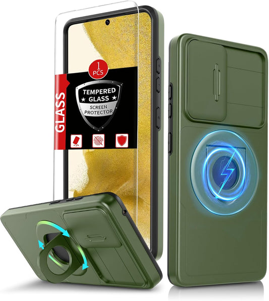 for Samsung Galaxy S22 Case Magnetic Compatible with MagSafe Wireless Charging,with Screen Protector,Built-in Kickstand Ring+Camera Cover Anti-Scratch Shockproof Heavy Duty Protection Green
