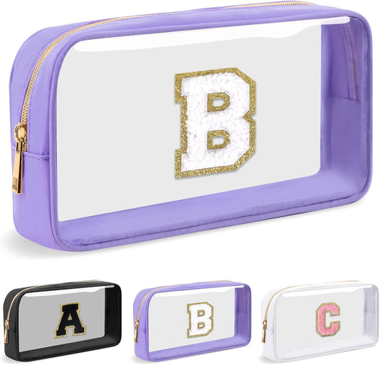 Personalized Initial Letter Clear Makeup Bag,Preppy Small Nylon&PVC Cosmetic Zipper Bag with Chenille Letter,Travel Skincare Toiletry Bag,Monogram Christmas Gift for Teen Girls Women,B