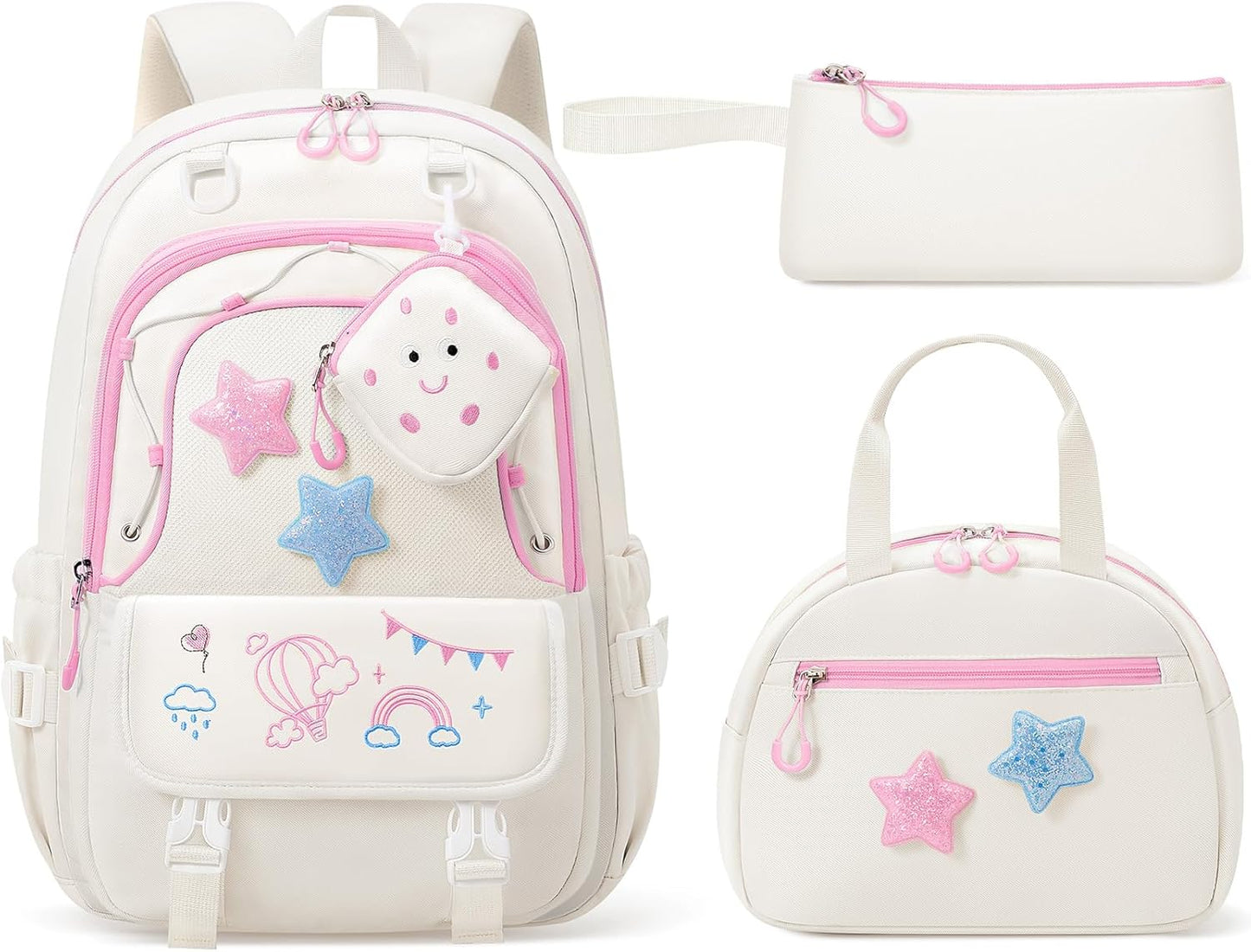 Fimibuke Kids Backpack for Girls, 4 PCS Waterproof Teen Girls Backpack with Lunch Box, Pencil Case & Headphone Bag Set