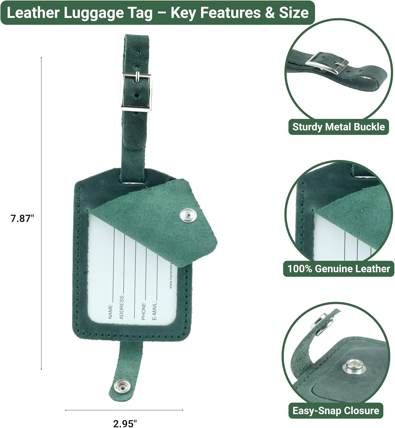 Toprank Leather Genuine Luggage Tags – Durable Leather Bag Tags for Travel, Baggage & Accessories (Green)