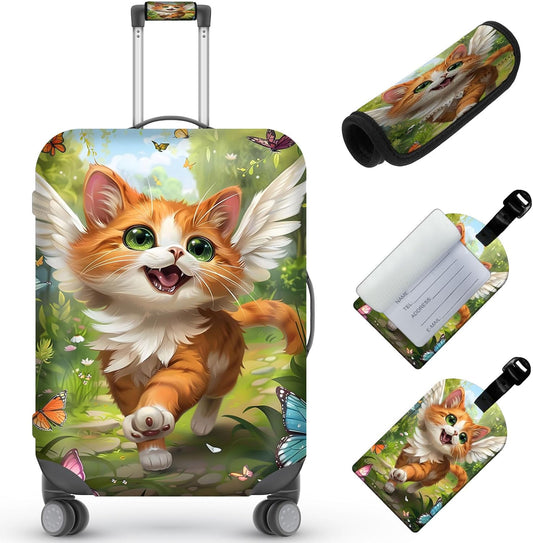 Travel Luggage Cover,Cute CatTheme Suitcase Cover Accessory Kit, Luggage Tag, and Comfortable Luggage Handle Wrap, Washable Luggage Suitcase Protector (25-28 inch,L)