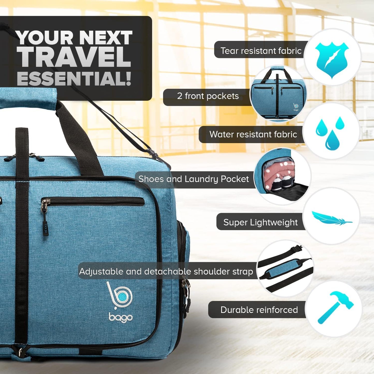 Bago Large Foldable Duffel Bags for Traveling Women & Men - 80L Packable Duffle Bag for Travel with Shoe Compartment - Water Repellant, Heavy Duty, Lightweight Folding & Collapsible (SnowBlue)