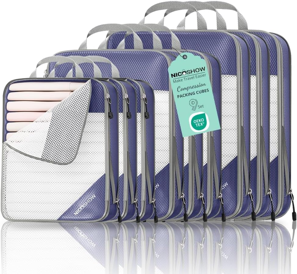 9 Set Compression Packing Cubes for Travel - Compressible, Lightweight, and Space-Saving Packing Cubes, Travel Essentials for Women, Bluish Purple