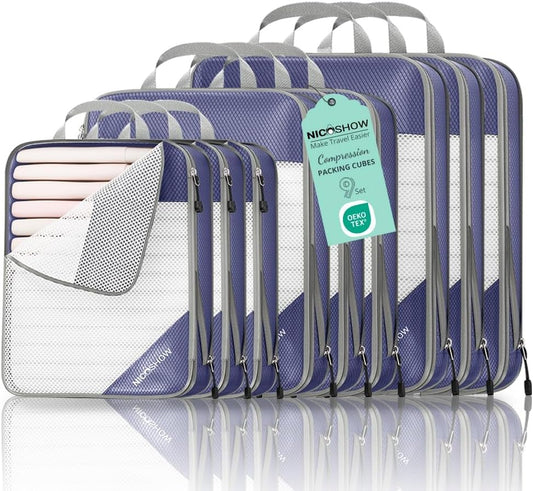 9 Set Compression Packing Cubes for Travel - Compressible, Lightweight, and Space-Saving Packing Cubes, Travel Essentials for Women, Bluish Purple