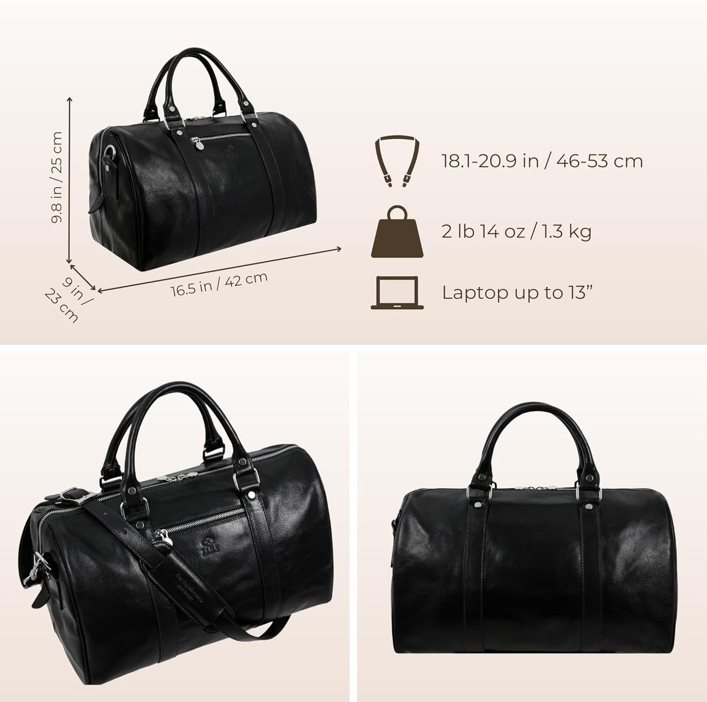 Full Grain Leather Small Duffel Bag Gym Bag Weekender Overnight Unisex Brown - Time Resistance