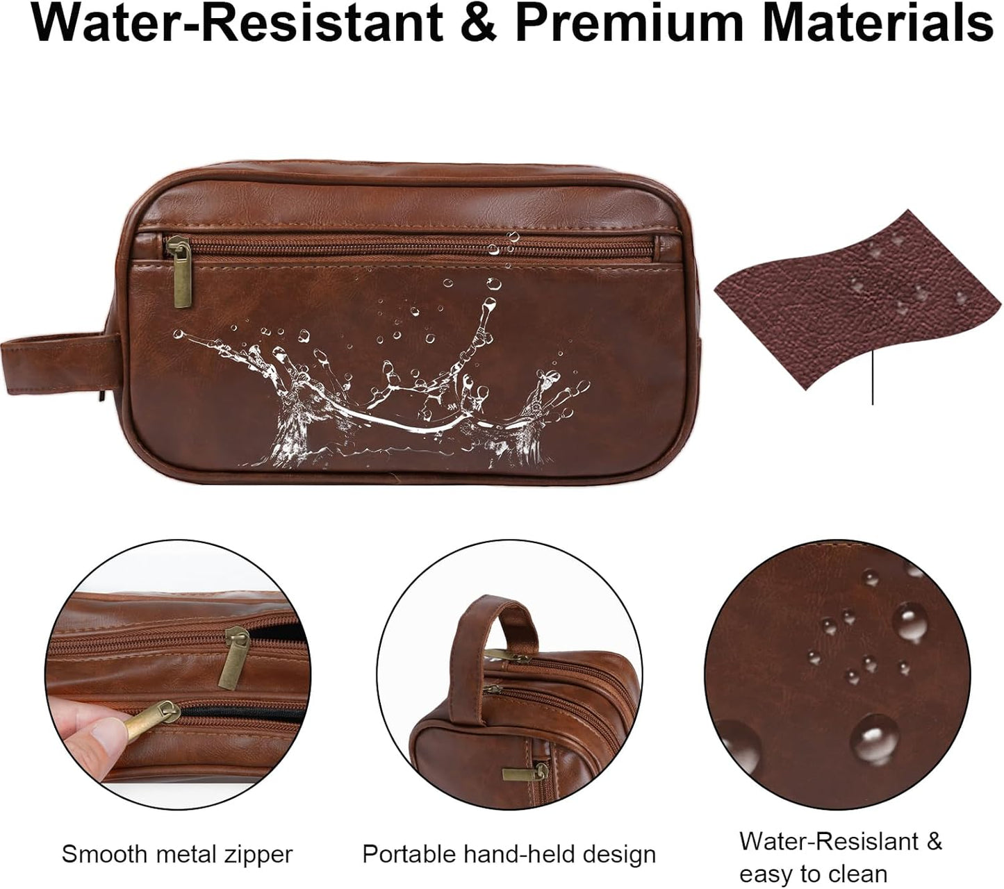 Mens travel toiletry bag, Gift For Men，PU Leather Water Resistant Cosmetic Bag Pouch Dopp Kit Shaving Bag with Large Capacity for Toiletries Accessories(Brown)