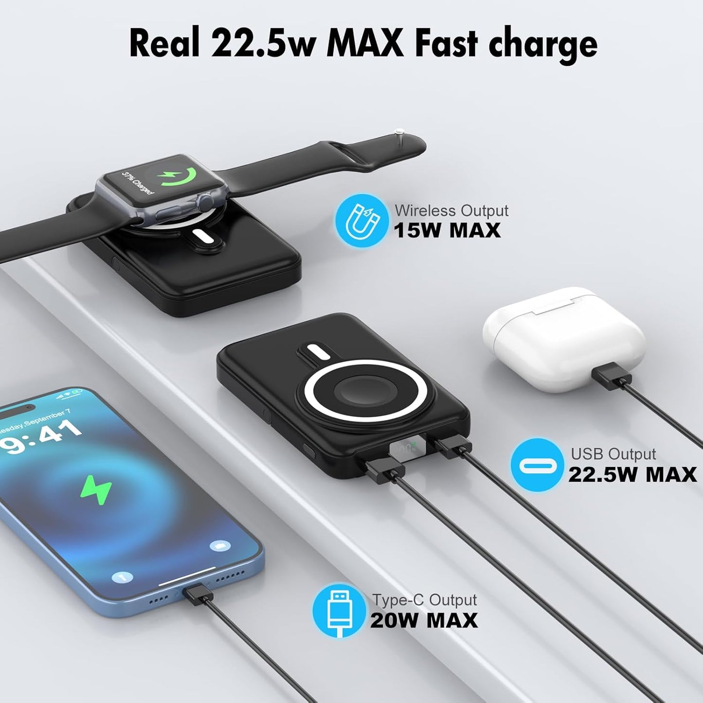 Wireless Portable Charger,3-in-1 Magnetic Power Bank 10000mAh with LED Display,22.5W Fast Charging Mag-Safe Battery Pack,Compatible with iPhone 15/14/13/12, Apple Watch Series, Airpods (Black)
