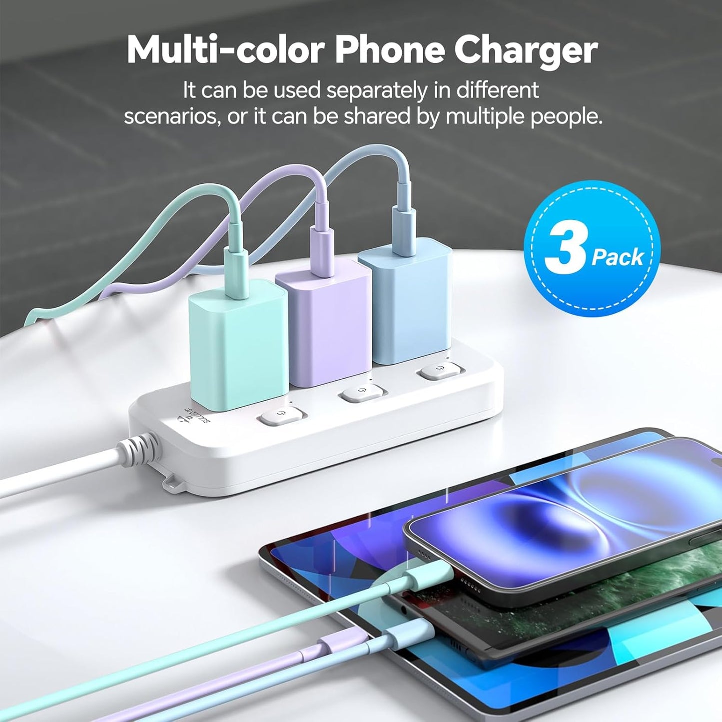 i Phone Charger Fast Charging, 3Pack 20W 10FT USB Charger Cable + USB C Charging Block, Compatible with i Phone 15 16 17 Pro/Max/Plus - Purple Green Blue