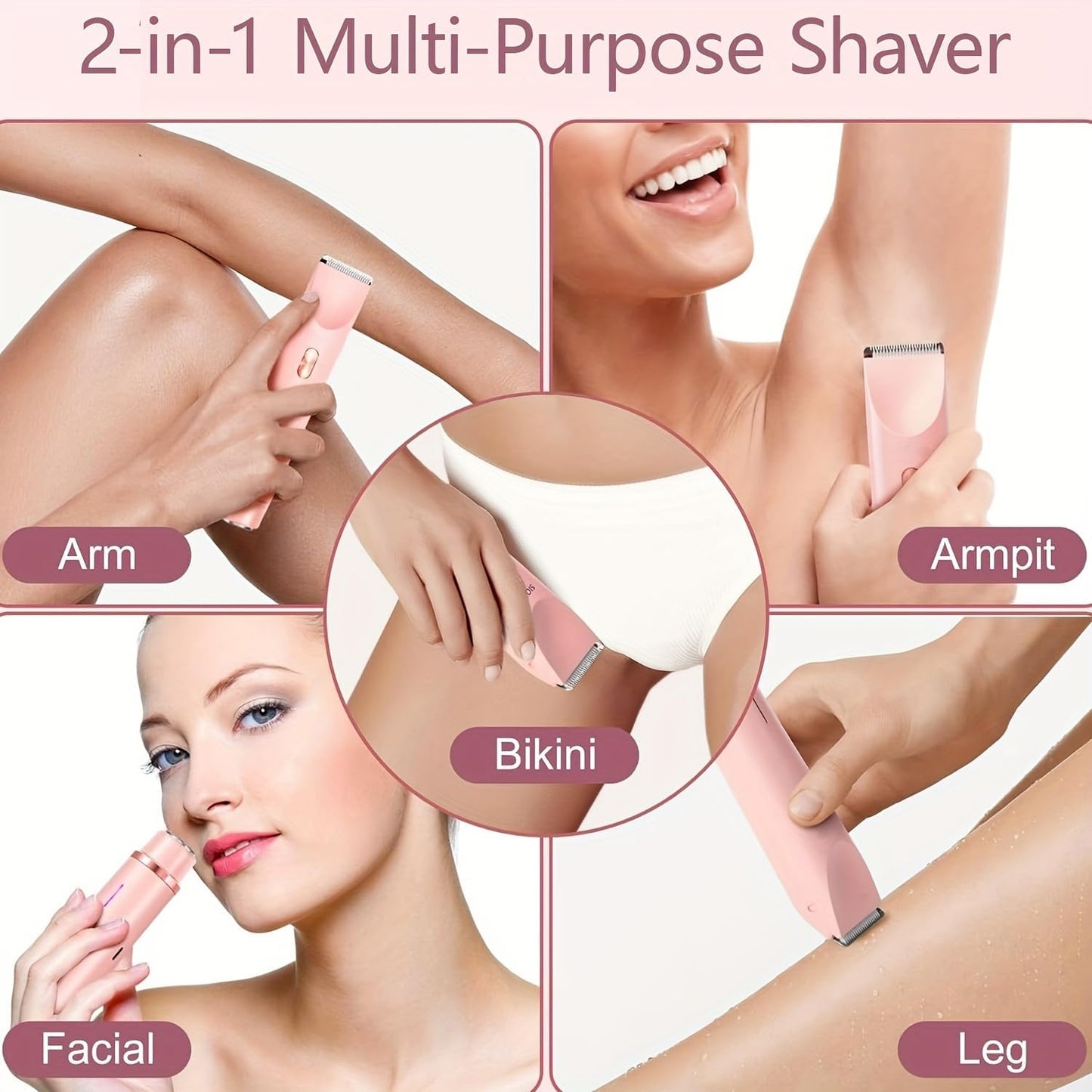 Electric Razor for Women, Rechargeable Hair Remover, Portable and Safe Lady Razor, 2 in 1 Double-Headed Waterproof Wet and Dry, Electric Bikini Trimmer for Women (Pink-2pcs)