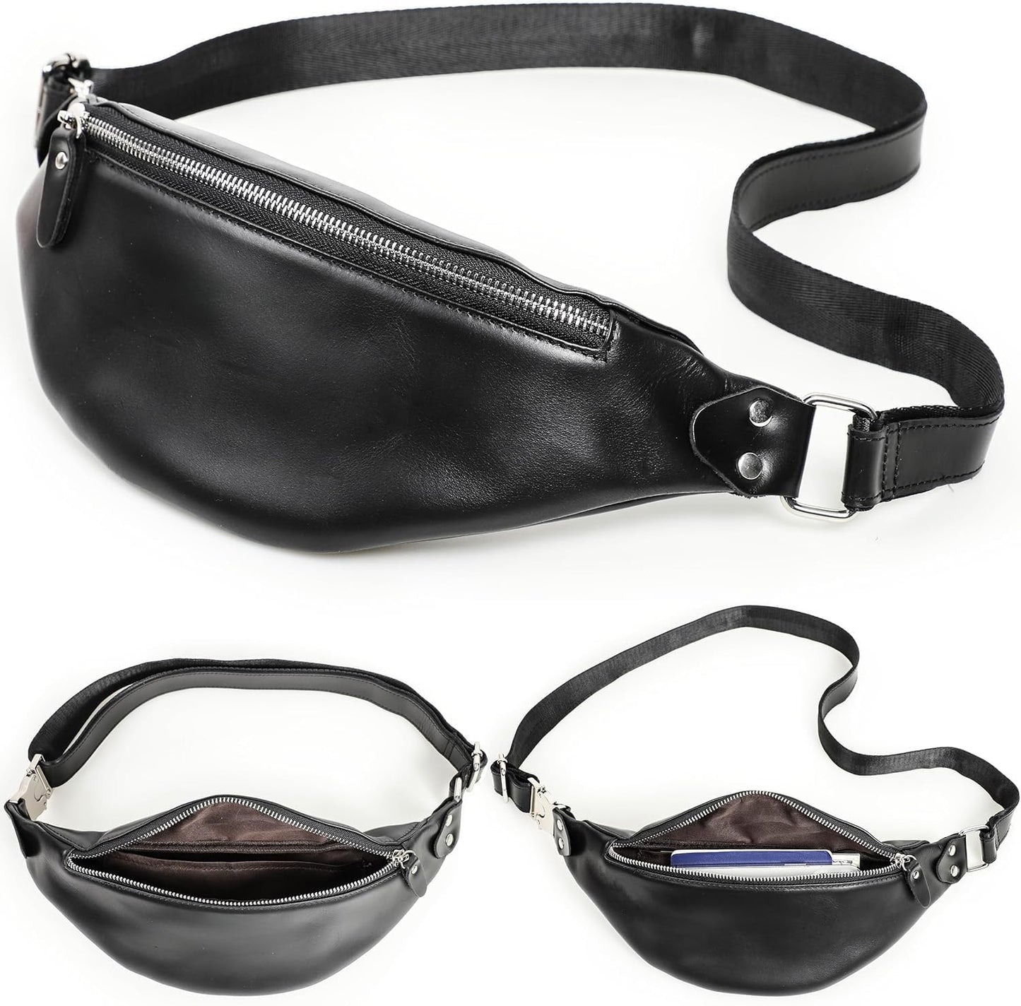 Slim Genuine Leather Waist Pack for Men Women Vintage Crossbody Fanny Pack Travel Riding Detachable Belt Bag (Glossy Black)