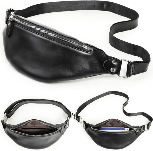 Slim Genuine Leather Waist Pack for Men Women Vintage Crossbody Fanny Pack Travel Riding Detachable Belt Bag (Glossy Black)