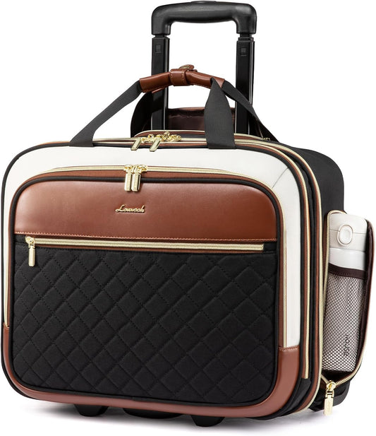 LOVEVOOK Rolling Laptop Bag Women, 17.3 Inch Laptop Briefcase with Wheels, Soft Sided Underseat Carry On Luggage Personal Item Suitcase for Work Travel Business, Black Brown Beige