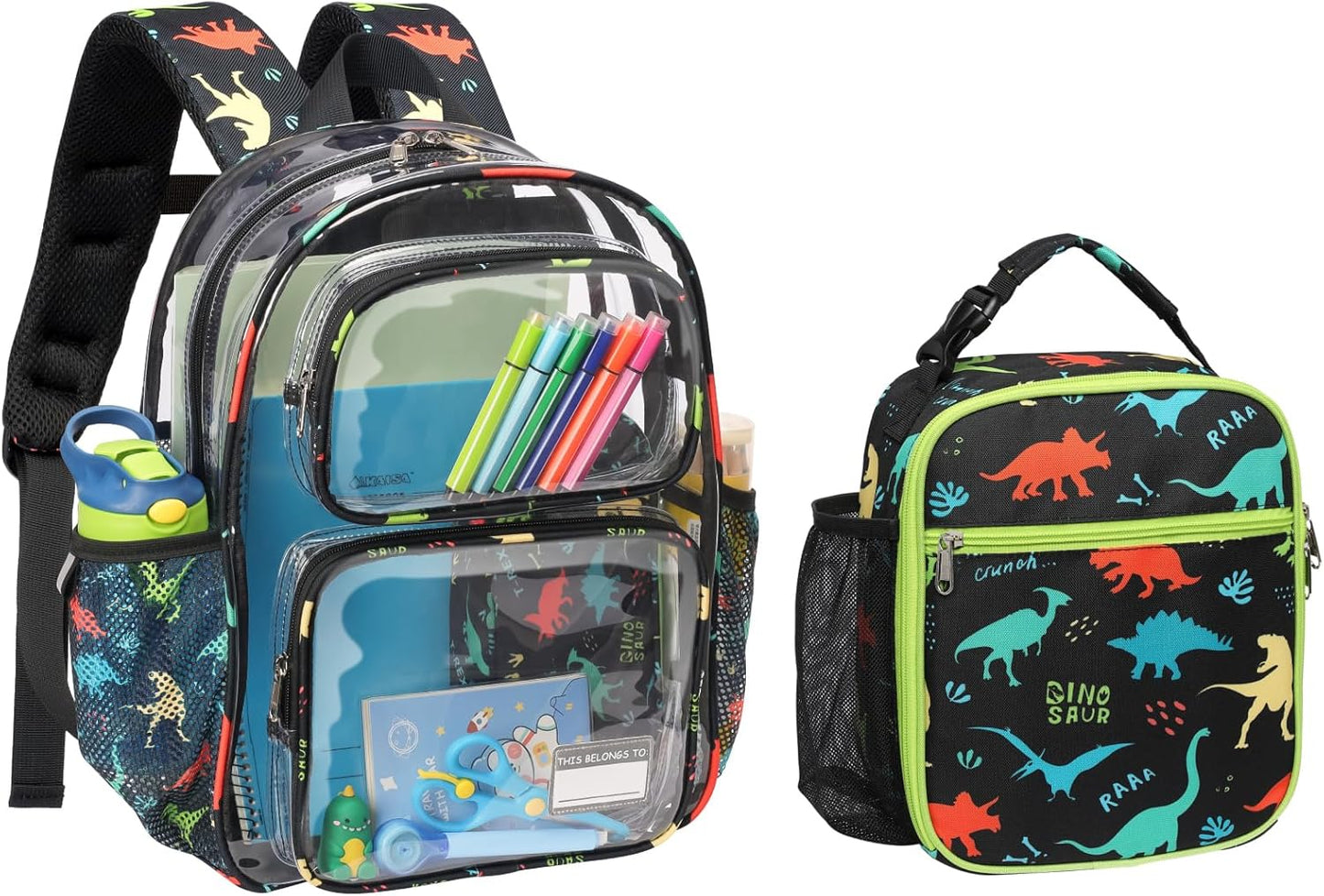 Bagseri 2pcs Clear Backpack for Boys - 15 Inch Backpack and Lunch Bag Set, Heavy Duty Transparent Bookbag for School, See Through Bag for Kids Aged 3 to 8, Black Dinosaur