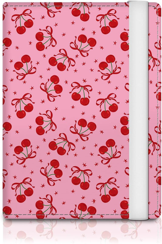 Passport Holder for Travel Essentials, RFID Premium Leather Passport Wallet Cover Case for Travel Must Haves Accessories, Passport Book Holders for Women Men Cute Pink Bowtie Cherry