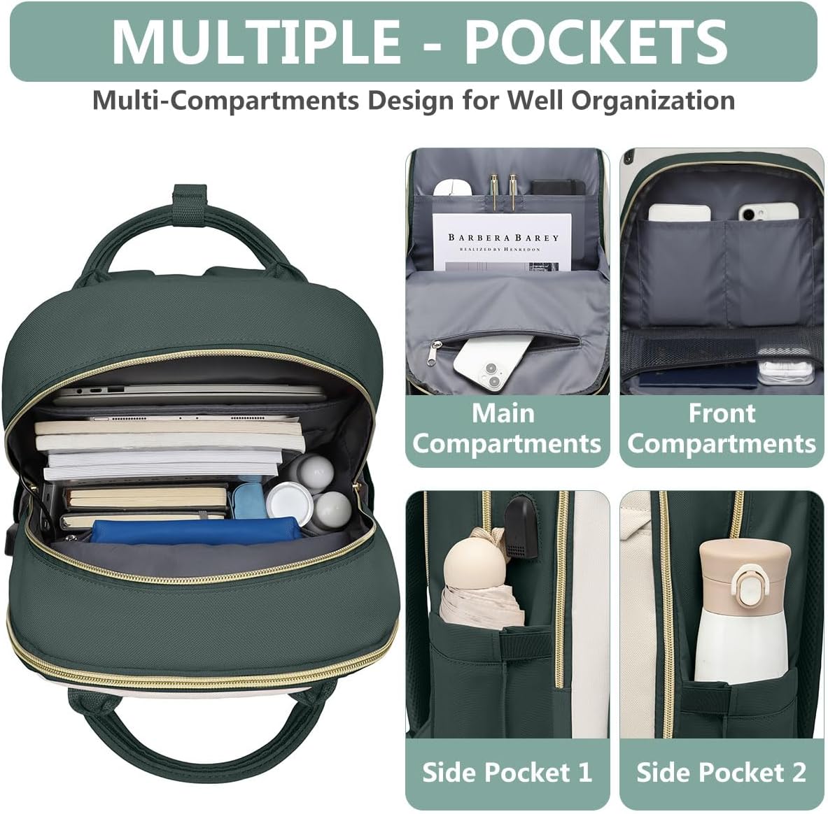 Laptop Backpack for Women Work Bag - 15.6 inch Travel Backpack with USB Charger Business Computer Backpacks for Work College Back pack for Teacher Casual Waterproof Bookbag for Nurses Beige Green