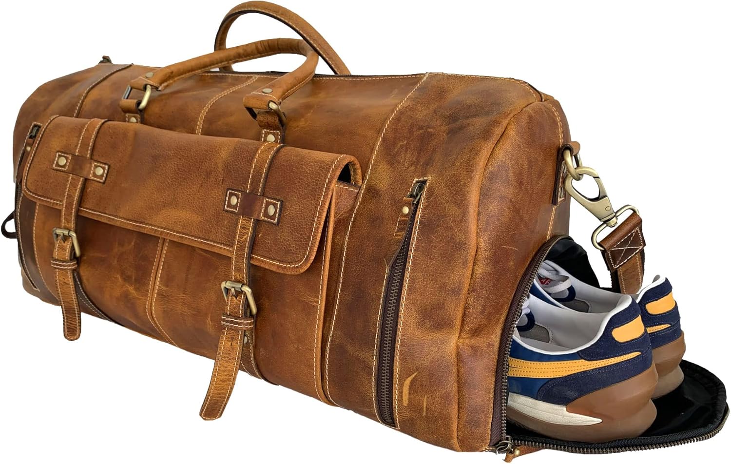 KomalC Leather Duffel Bags for Men and Women Full Grain Leather Travel Overnight Weekend Leather