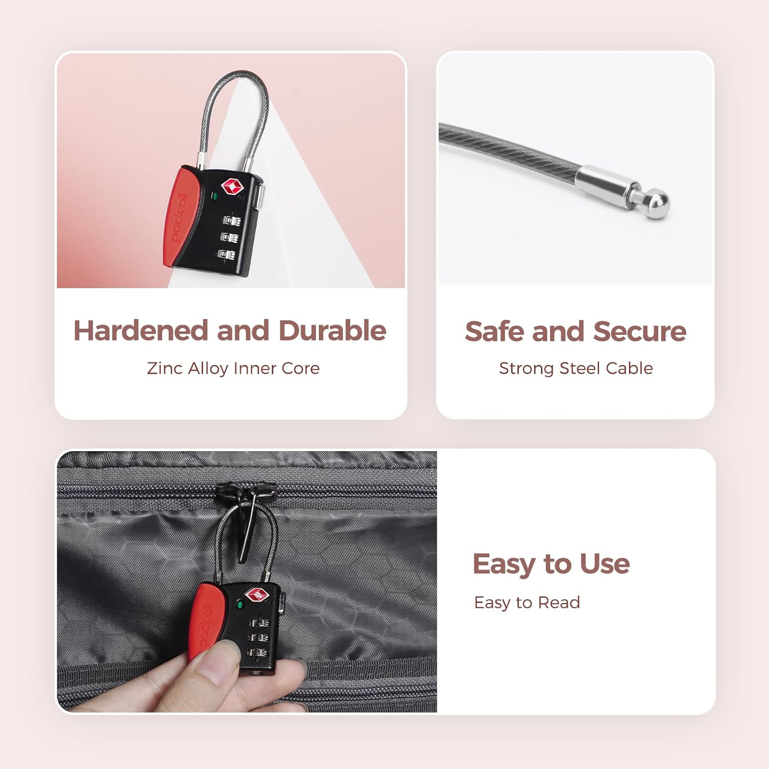 pack all TSA Approved Cable Luggage Locks, 3 Digit Combination Padlocks, Travel Lock for Suitcases