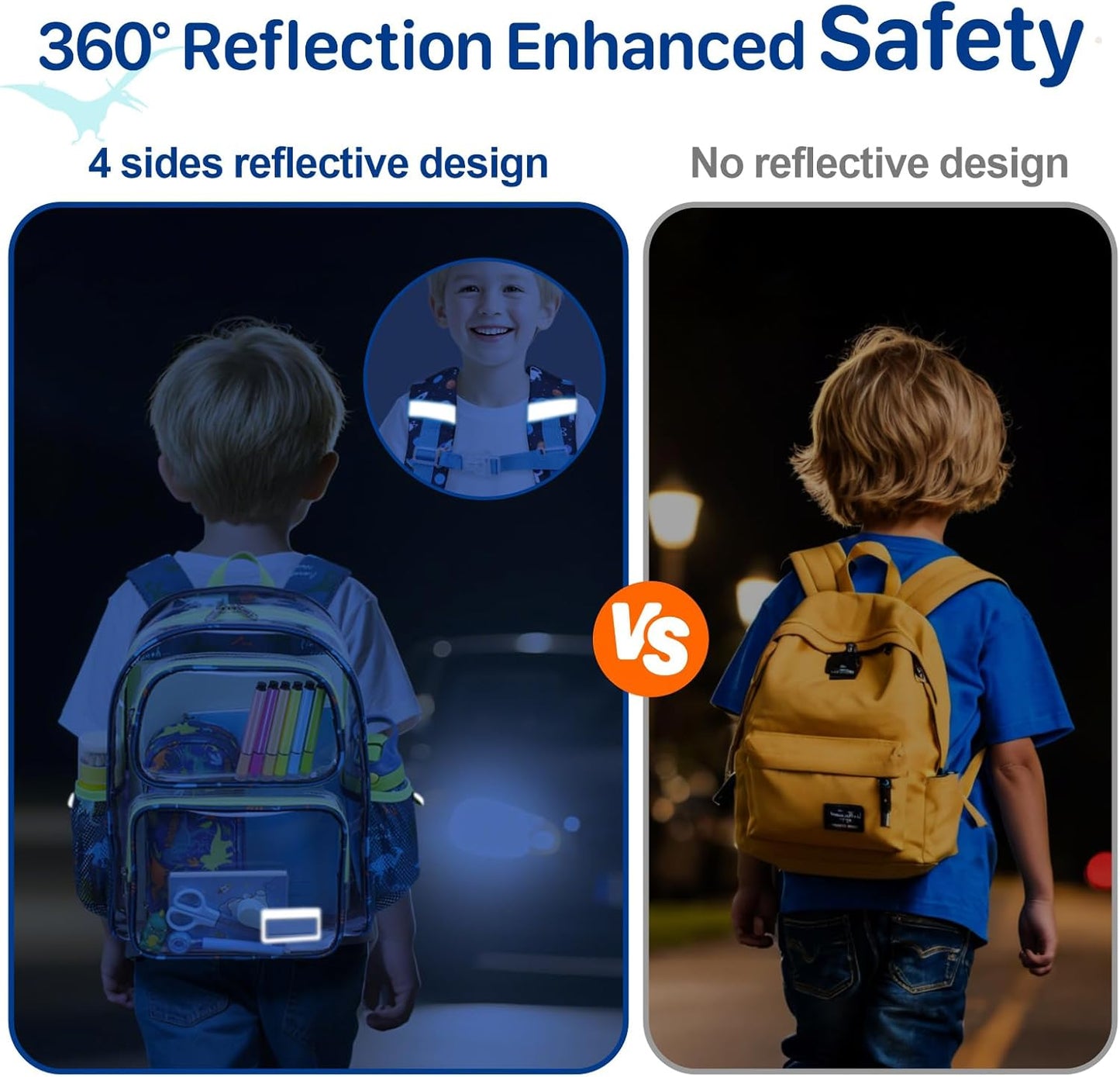 Bagseri Clear Backpack for Kids - 15 Inch Clear Bookbag for Boys Aged 3 to 8 Heavy Duty Transparent Backpack for School, Safe Reflective Strip, Cute Fabric Back Panel, Green Dinosaur
