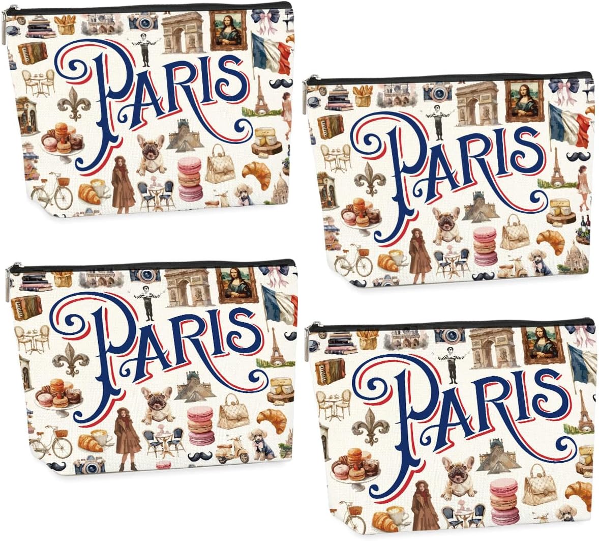 4PCS Paris Souvenirs from France Paris Gifts Makeup Bag Cosmetic Bag for Women Friend Lady Sister Bestie Paris Travel Lover Weekend Bag Vacation Christmas Birthday Friendship