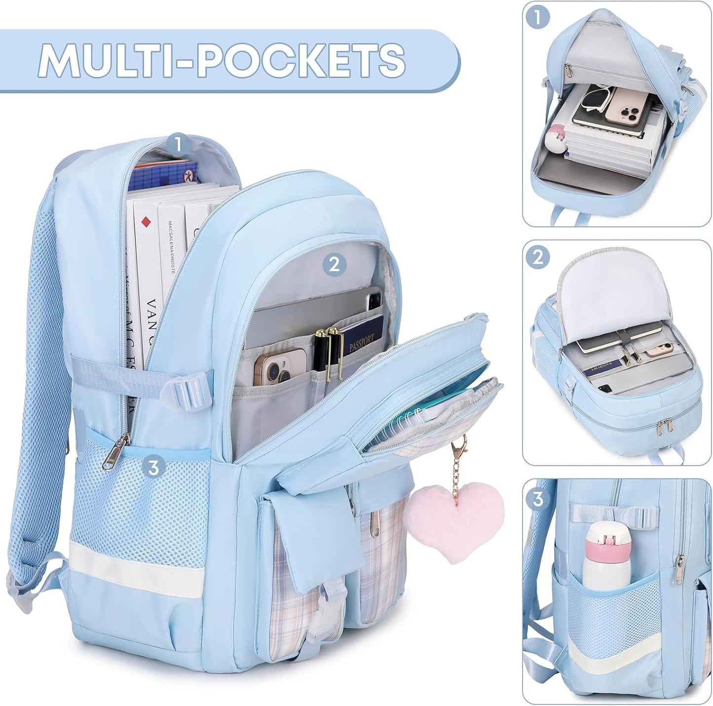3PCS School Backpack For Student Women College Middle High Teen Girls Bookbag Waterproof Laptop Bag Plaid Blue