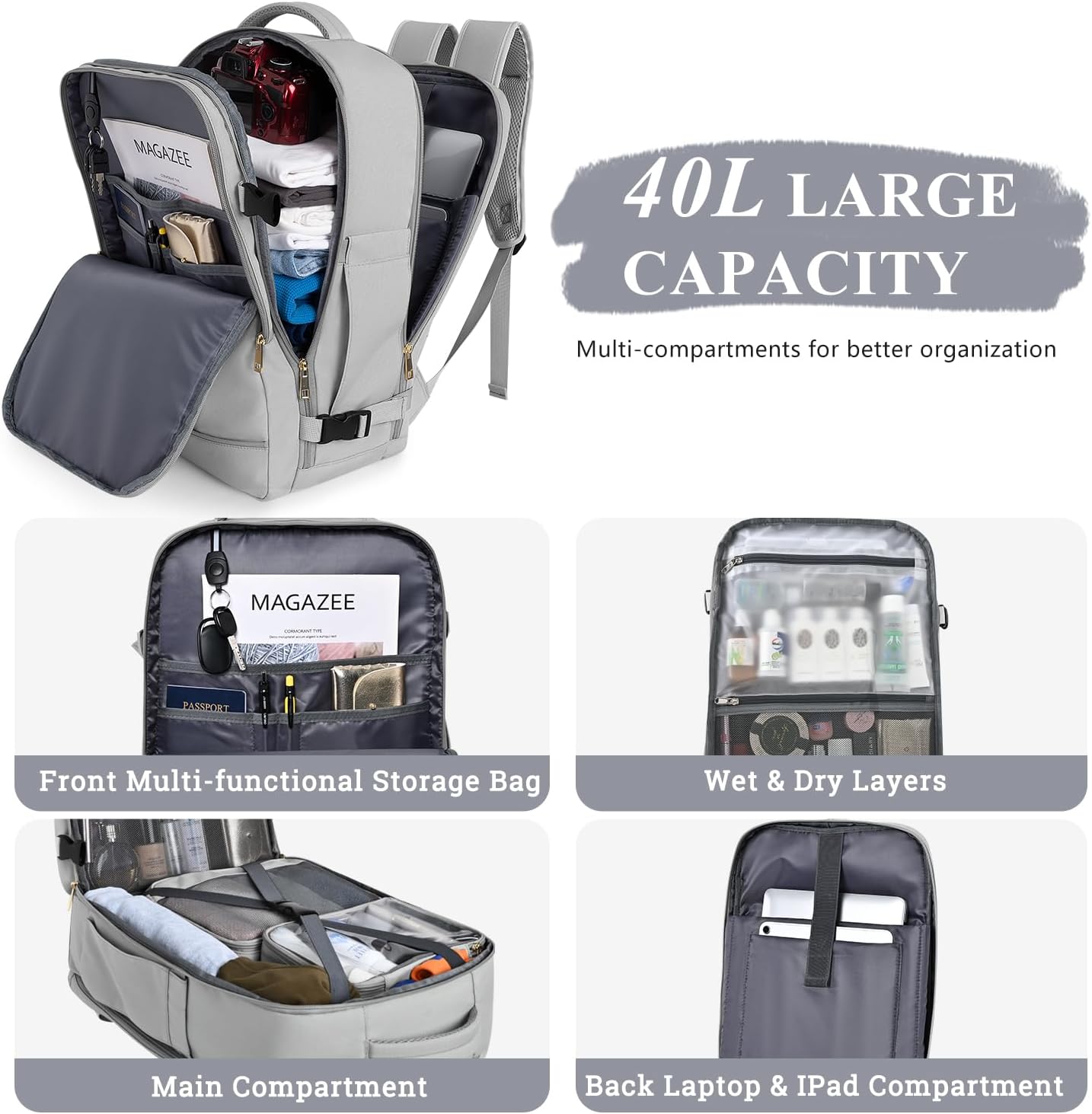 Travel Backpack, 40L 17 inch Laptop Travel Backpack Carry on Flight Approved, Personal Item Travel Bag, Waterproof Backpack for College, School, Business, Weekend, Work, Gray