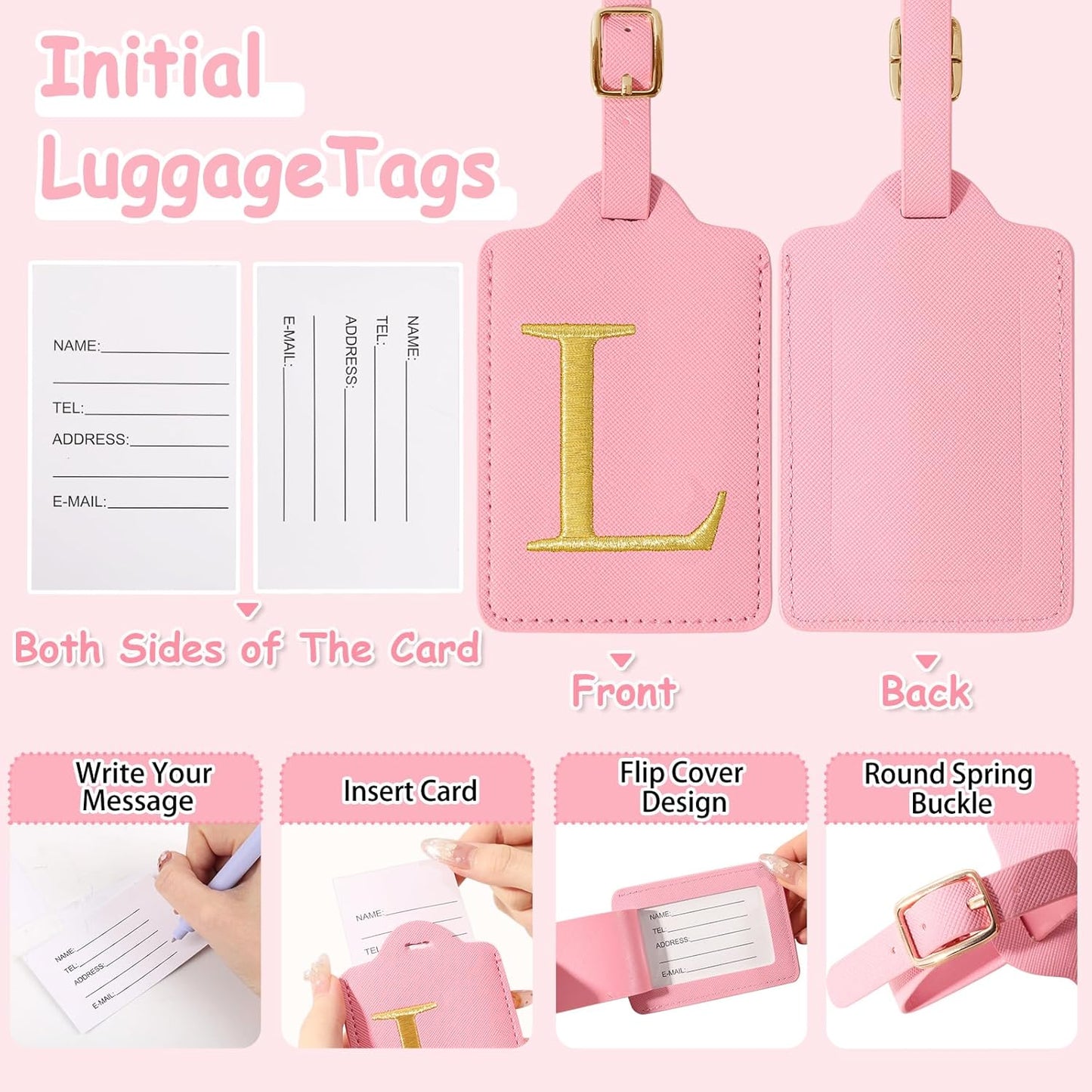 Personalized Initial Luggage Tags for Suitcases, Cute PU Leather Embroidered Letter Travel Luggage Tags, Suitcase Identifier Name Baggage Tag, Bag Tags for Men Women Kids Luggage Handbags(Pink L)