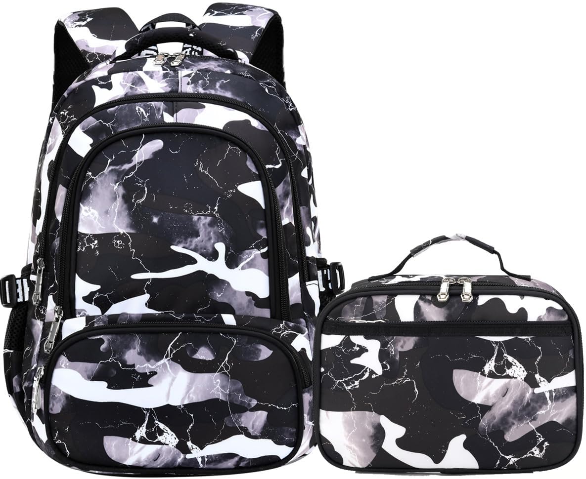 Camo Backpack for Kids, Lightweight Camo Backpack Elementary Middle School Backpack Water Repellent Bookbag (Camo Black 2 in 1)