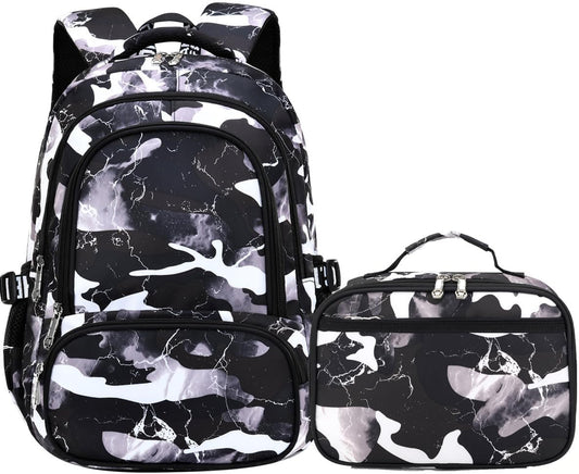 Camo Backpack for Kids, Lightweight Camo Backpack Elementary Middle School Backpack Water Repellent Bookbag (Camo Black 2 in 1)
