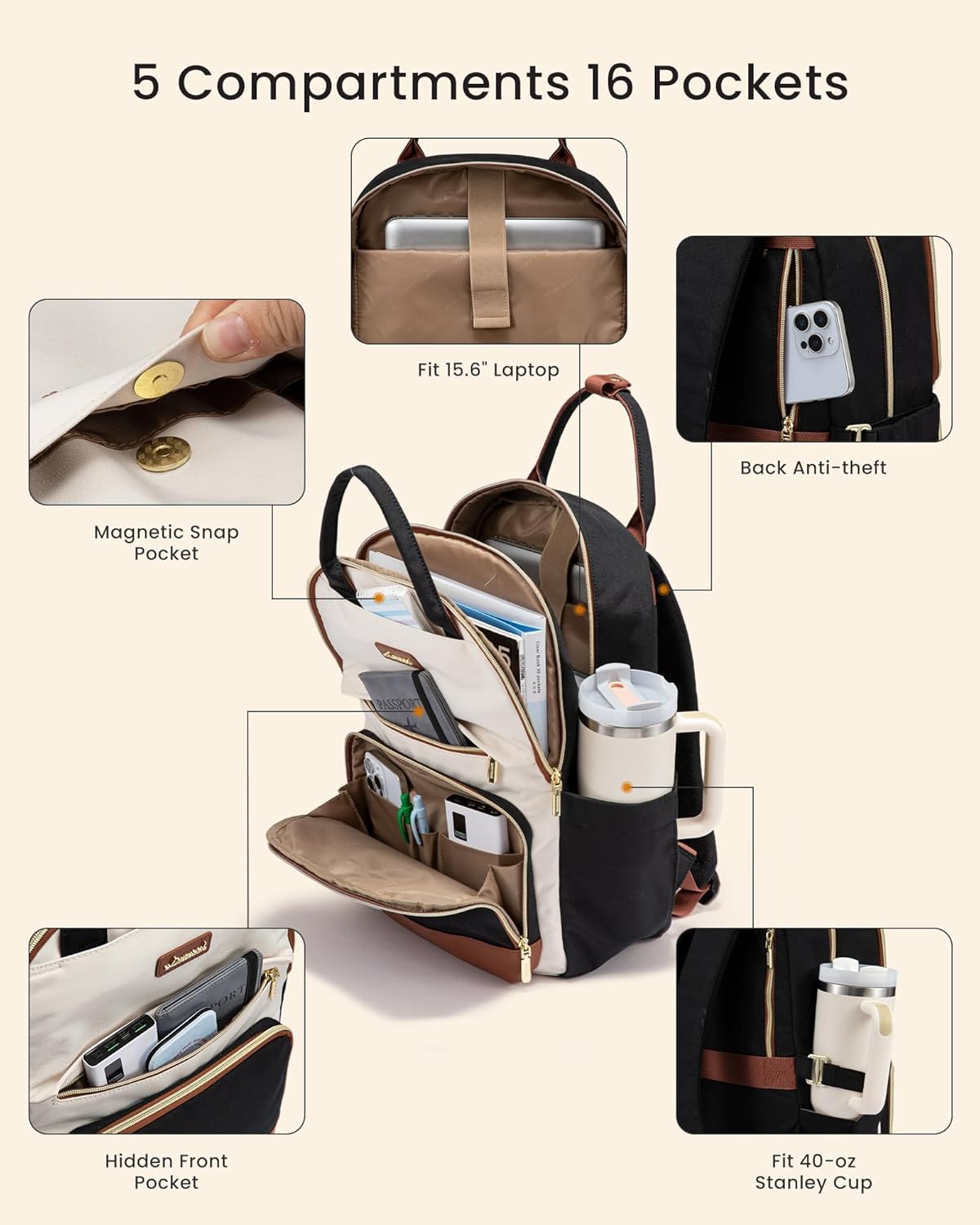 LOVEVOOK Laptop Backpack for Women with Giant Tumbler Holder Pocket, 18 inch Large Travel Work Backpack Purse for Teacher Nurse, Waterproof College Book Bag Cute Casual Daypack, Beige-Black-Brown