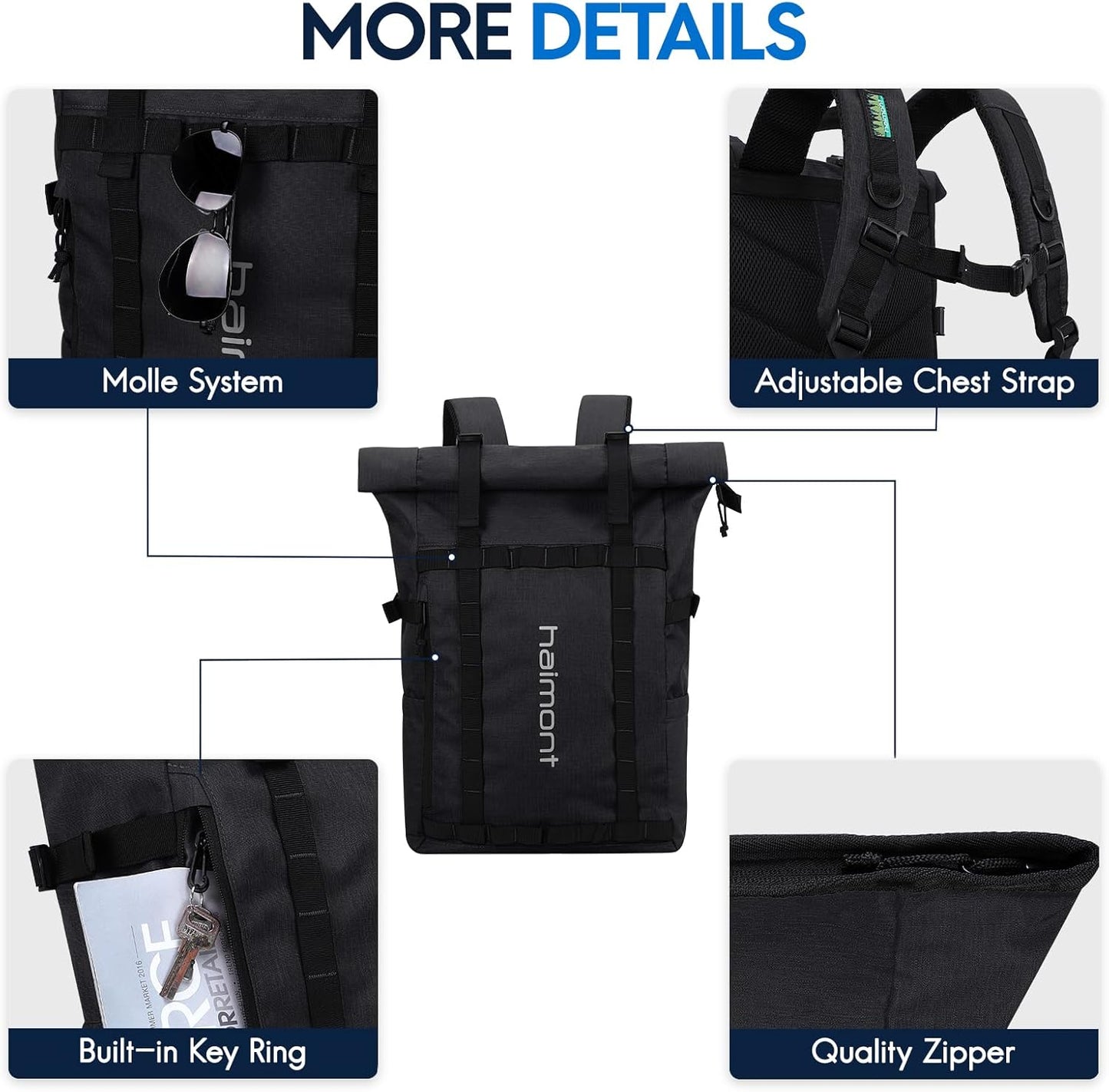 Haimont Rolltop Backpack for Men Women Water-Resistant Carry on Travel Backpack Casual Daypack with Laptop Compartment for Work Trip Hiking, 20L, Black