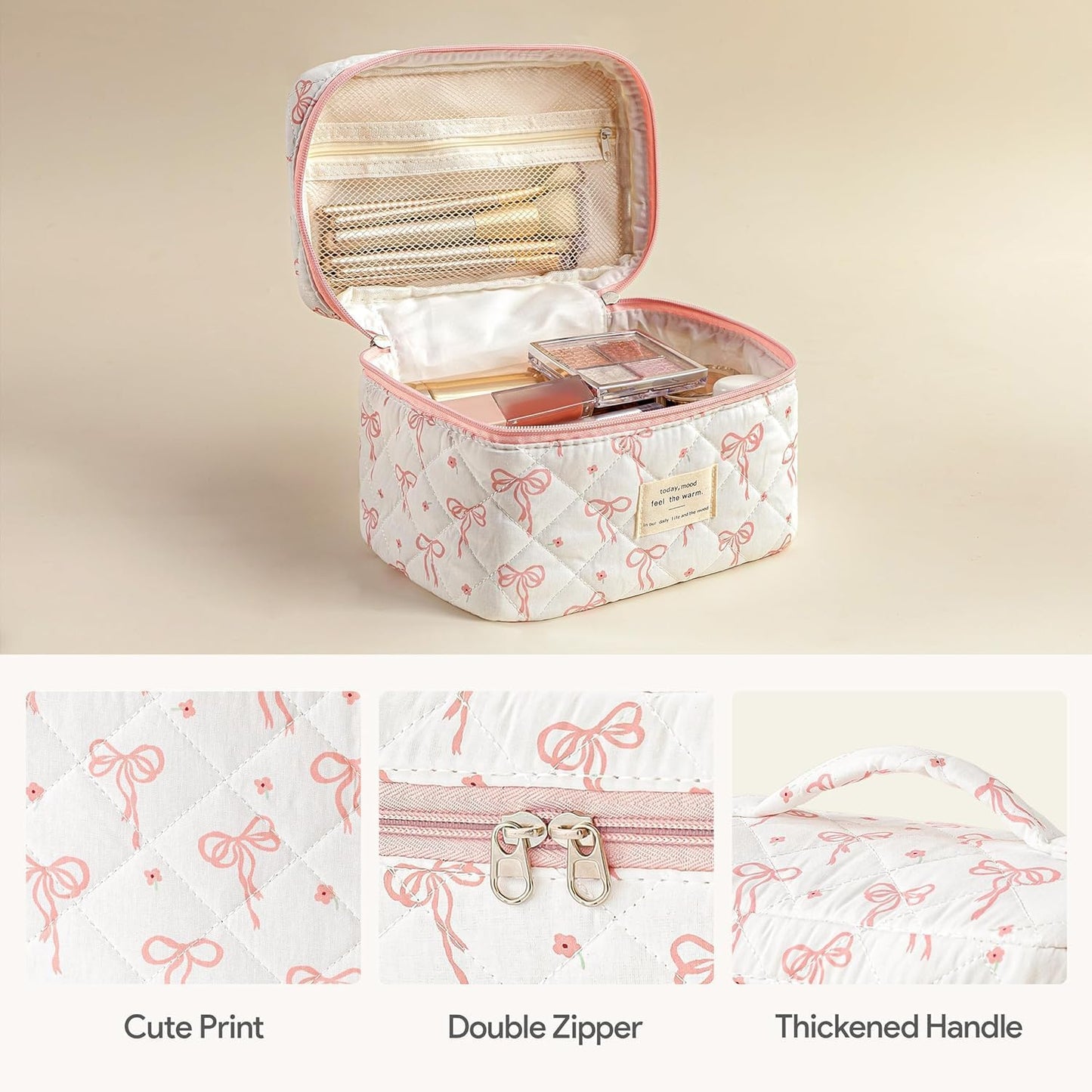 HBselect Quilted Makeup Bag, 3PCS Cotton Large Travel Makeup Bag, Cute Floral Coquette Make up Bag Cosmetic Bag Toiletry Bag for Women Girls