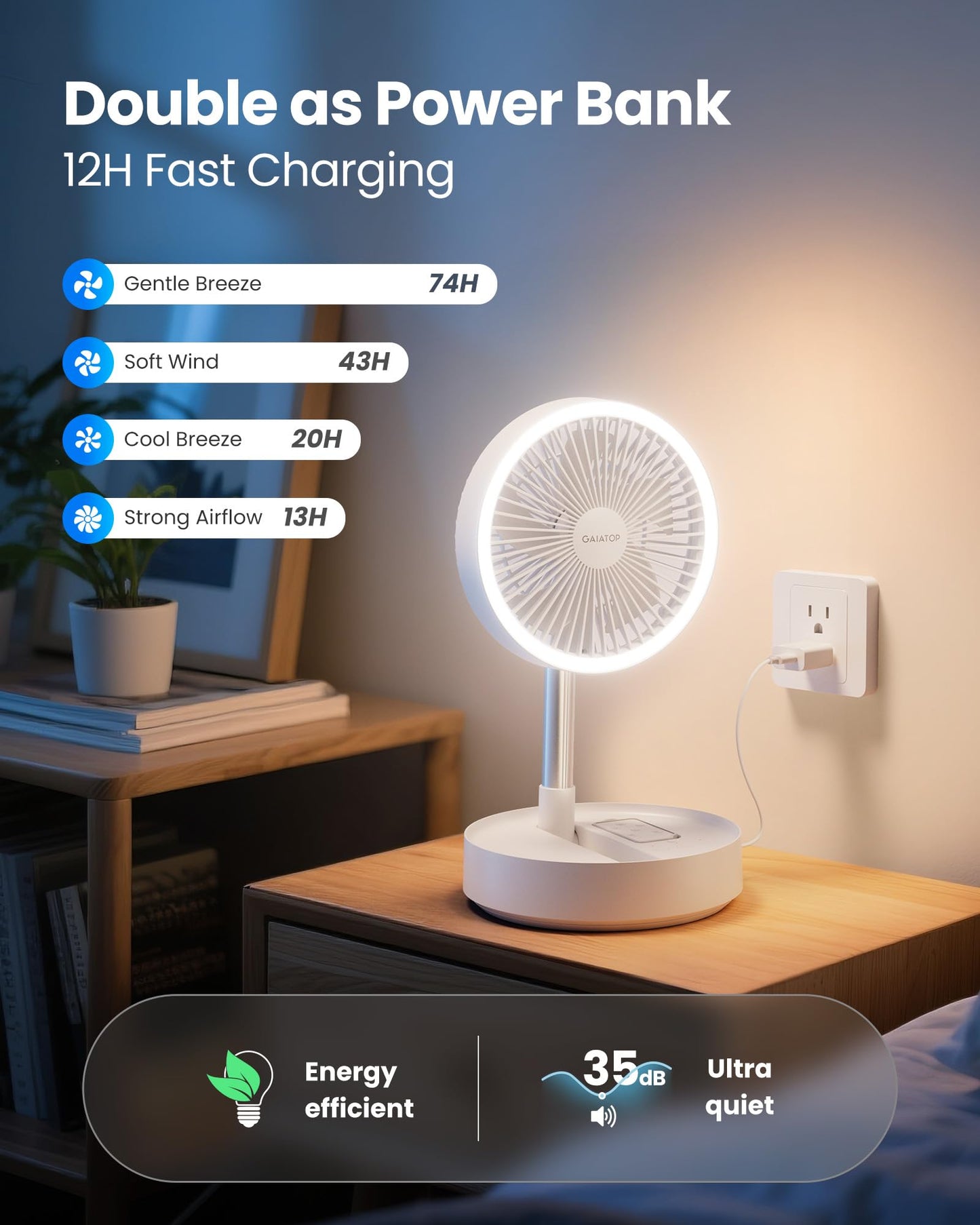 Gaiatop Portable Pedestal Fan 16000mAh Battery [Max 74h Runtime], Foldable Oscillating Standing