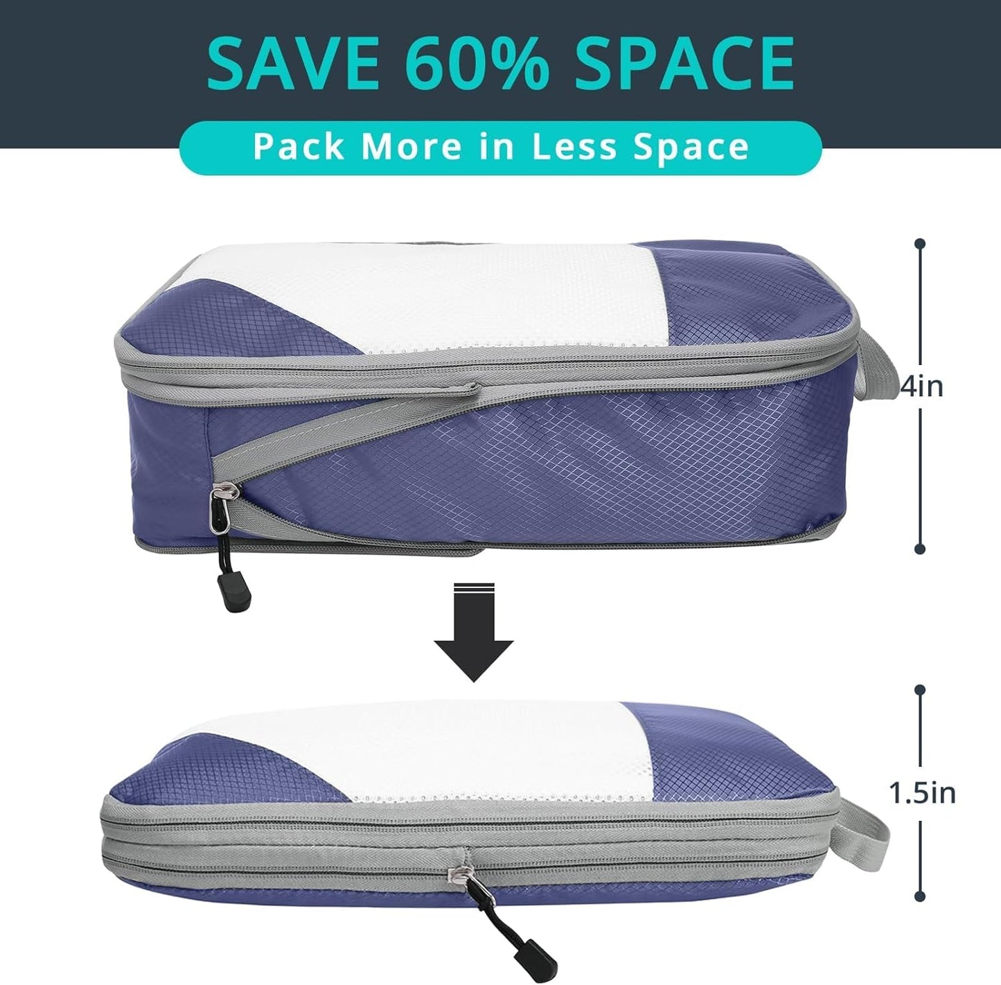 Compression Packing Cubes 6 Set, Compressible Space-Saving Packing Cubes for Travel - Compression Bags, Luggage Organizer, Travel Essentials for Women, Bluish Purple